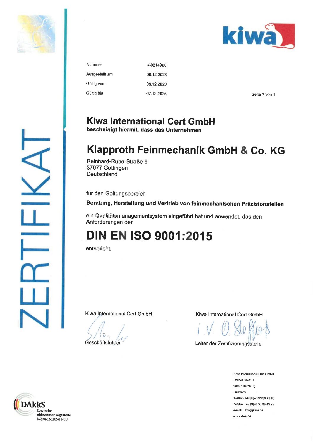 Abdruck eines ISO 9001 Zertifiaktes